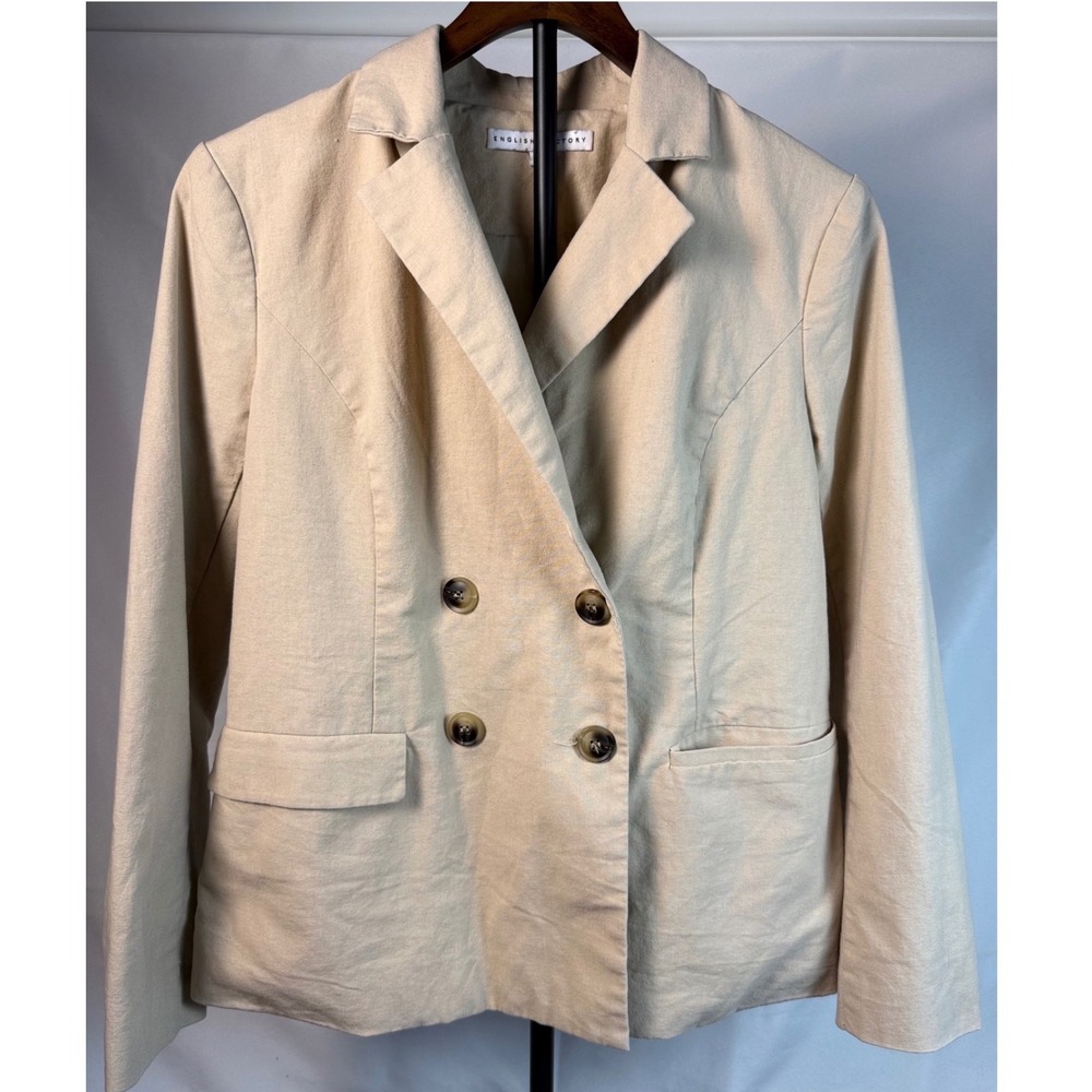 English Factory Womens Medium M Beige Cotton Linen Double Breasted Blazer Jacket